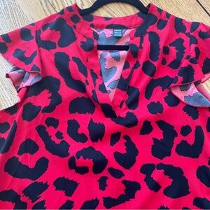 Red and Black Animal Print Blouse - Size Large